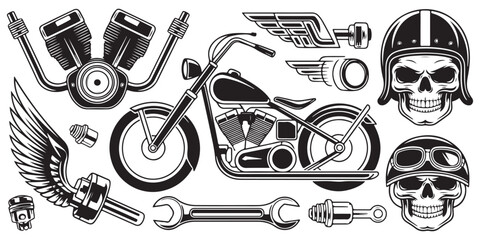 Vintage motorcycle workshop vector set with chopper bike engine wings and skull wearing biker headgear © Siyam Islam