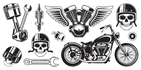 Custom motorcycle builder vector set with vintage engine parts skull in helmet and chopper bike graphics © Siyam Islam