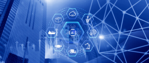 Naklejka premium Smart logistics concept. warehouse operations with AI technology, using digital tools for inventory tracking, automation, and efficient supply chain control. not ai