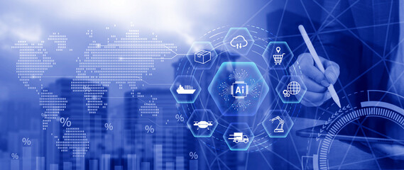 Smart logistics concept. warehouse operations with AI technology, using digital tools for inventory tracking, automation, and efficient supply chain control. not ai