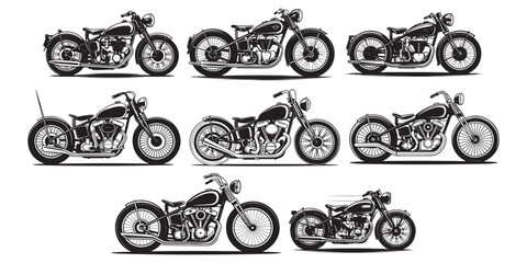 Set of isolated vintage motorcycle illustrations with detailed design and classic features for various projects © Siyam Islam