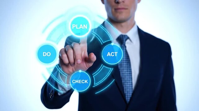Man in suit touches digital screen displaying Deming cycle: Plan, Do, Check, Act in a cycle of improvement