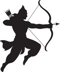 Archer Silhouette Aiming Bow and Arrow on White Background