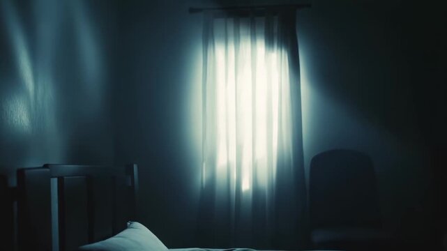 Empty bed in a dark bedroom reflecting a somber ambiance, with soft light filtering through a sheer window curtain, creating a mysterious and melancholic atmosphere