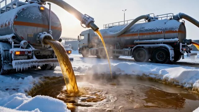 Heated tanks with loading arms transfer finished tallow into tanker trucks during a chilly winter day surrounded by frosty industrial equipment and snowcovered ground.