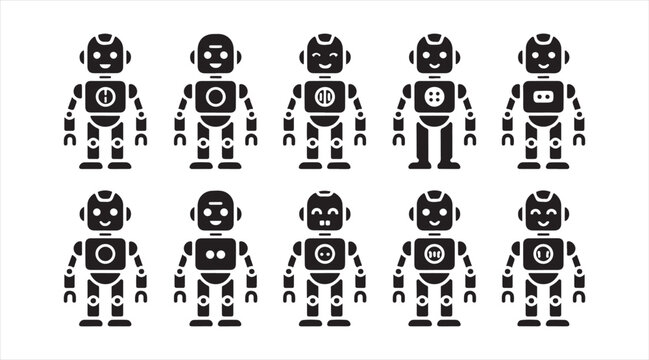 Futuristic android robot black symbol icon set