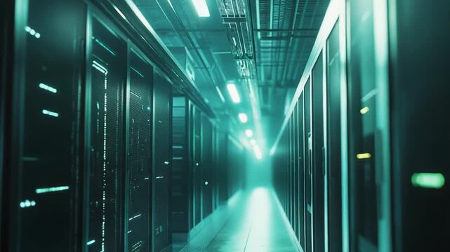 Server racks standing in a long corridor of a modern data center, processing vast amounts of information and enabling advanced computing operations for global network connectivity