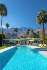 This modern house with a pool is set in a sunny area surrounded by palm trees and mountains, offering a great view of nature and outdoor leisure activities during a clear day
