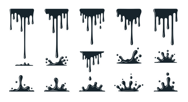 Set of black liquid drips, splatters, and splashes in a graphic style suitable for oil, ink, or chocolate themed design projects.