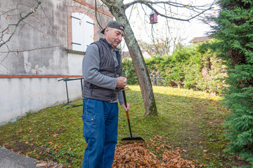 Man collects fallen leaves in garden next to house