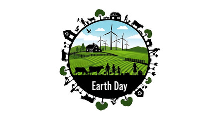 A stylized logo representing earth day with a green landscape and animals.