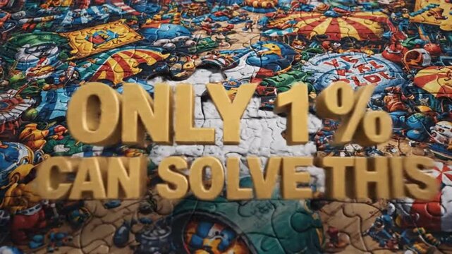 Golden 3D text "ONLY 1% CAN SOLVE THIS" rendered over a chaotic, colorful, and detailed puzzle-like background with various cartoon elements and textures, creating a challenging visual effect.