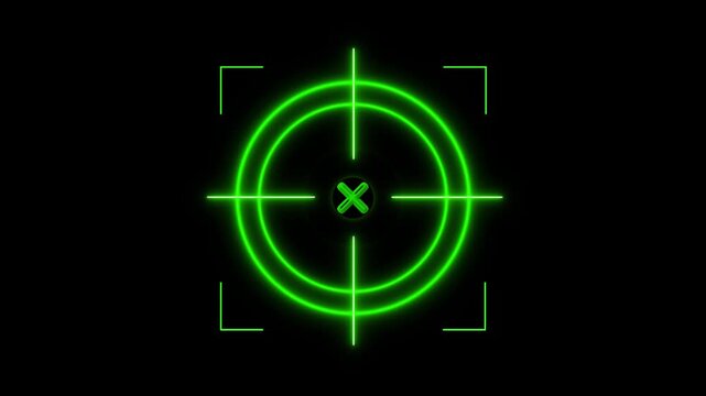 Neon Green Cross hair Target Reticule with Corner Brackets on animated Black Background scope, Glowing green neon light target icon animation, neon target icon animation on dark black background.