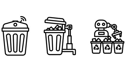 Set of outline icons representing smart trash cans, automated waste management, and robotic sorting for recycling and sustainability concepts.