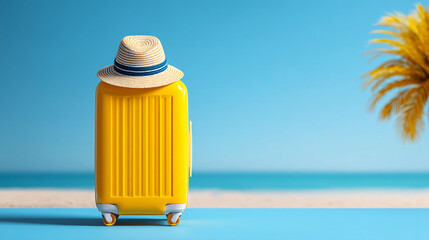 Obraz premium Yellow suitcase with a straw hat on top, by the sea.