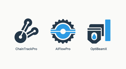 Obraz premium Tech icons representing data chain tracking, AI flow processing, and an optibeam device, in a futuristic blue and dark blue aesthetic for advanced technology concepts.