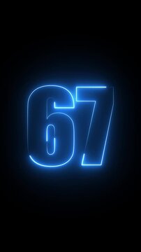 Blue color neon number 67 glow on dark background.Countdown timer number icon animation.
