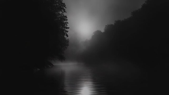 Fog shrouded river threading through a dark forest as soft light pierces mist, creating a tranquil, mysterious monochrome scene of reflections, solitude, and serene atmosphere