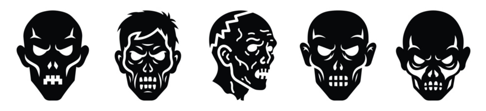 Collection of Happy Halloween zombie head silhouette icon set. Vector illustration on white background.