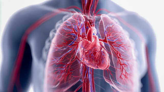 Detailed 3d medical illustration of the human heart and lung vascular system showing the complexity of blood vessels and circulatory pathways within the chest cavity