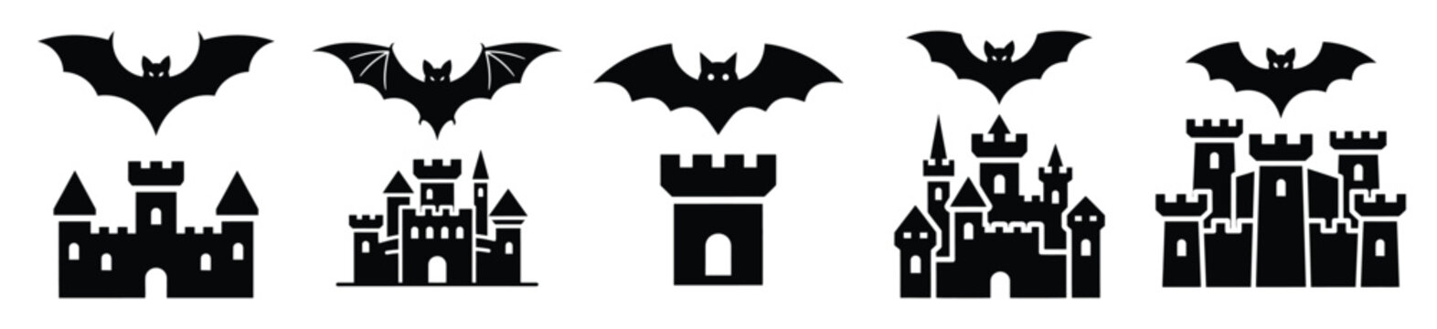 Collection of Happy Halloween bat over castle silhouette icon set. Vector illustration on white background.