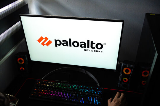 Punta Arenas, Chile &ndash; February 18, 2026: A person at a desk with the Palo Alto Networks enterprise cybersecurity logo displayed on a computer monitor