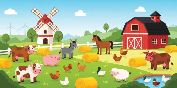 Cartoon Farm Animals Scene with Barn Windmill Cows Horse Pig Sheep Chickens and Ducks in Countryside Rural Agriculture Landscape Illustration