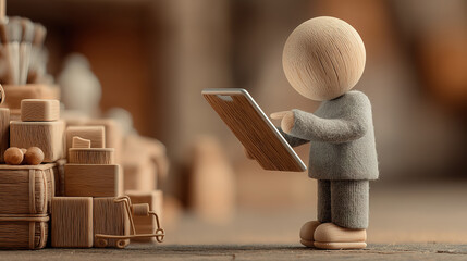 E commerce concept with wooden figure browsing wooden products on digital marketplace tablet