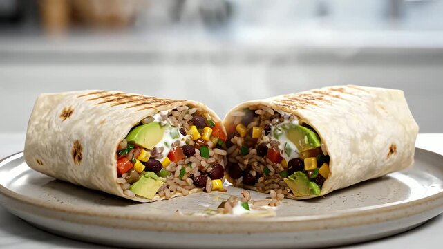 Chef slicing prepared wrap on plate in brightly lit setting