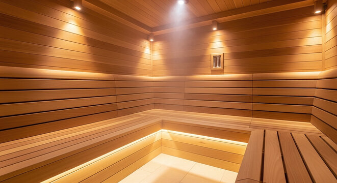 Warm and relaxing wooden sauna with soft lighting and steam spa wellness health architecture