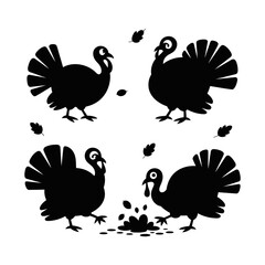 Naklejka premium A festive collection of four distinct black turkey silhouettes in various poses with scattered autumn leaves.