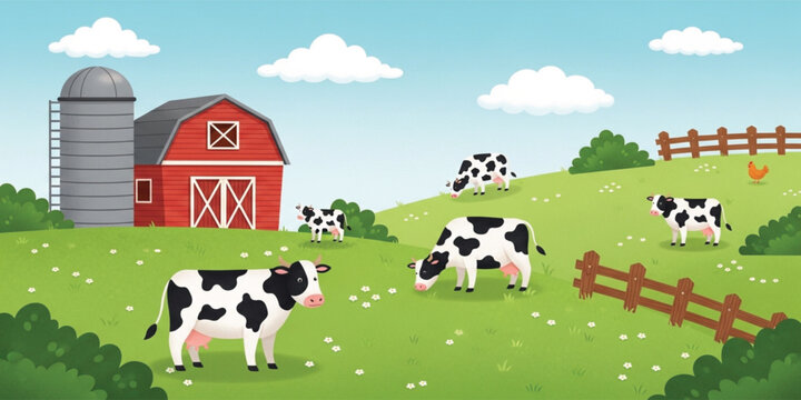 Cute Farm Landscape with Cows Grazing Near Red Barn and Silo in Green Countryside Pasture Agricultural Rural Scene Vector Illustration