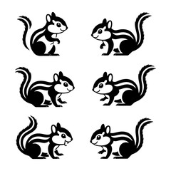 Naklejka premium A group of six identical black and white illustrations featuring a cute chipmunk sitting upright with its tail curled.