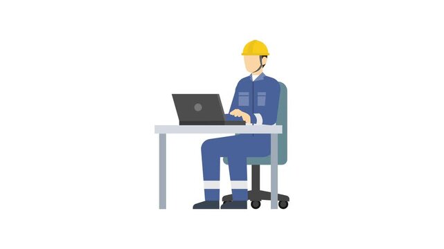 フラットイラストアニメーション：PCを使って仕事をするヘルメットを被った作業員