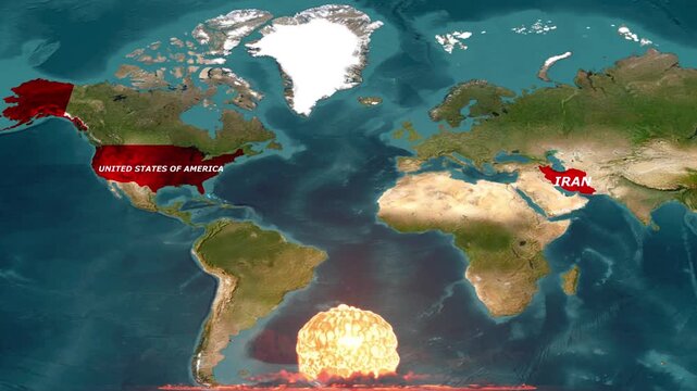 World Map Showing United States vs Iran With Large Nuclear Explosion Graphic