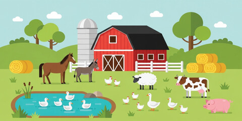 Farm Animals and Red Barn Countryside Landscape with Horse Cow Sheep Pig Chicken Ducks and Pond Rural Agriculture Cartoon Illustration © Selim Studio