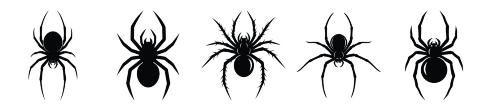 Collection of Happy Halloween creepy spider silhouette icon set. Vector illustration on white background.