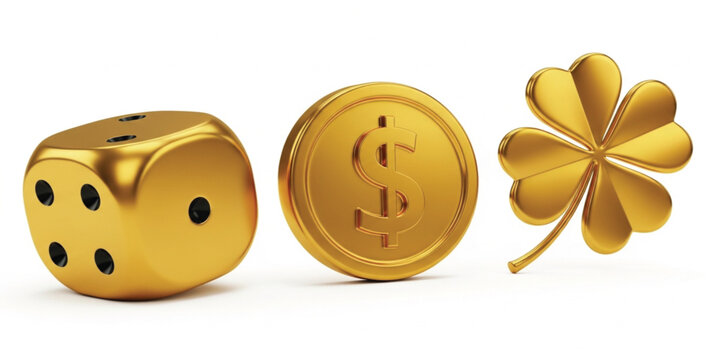 Golden Luck and Wealth Icon Set with Dice Dollar Coin and Four Leaf Clover Luxury Finance Success 3D Vector Illustration