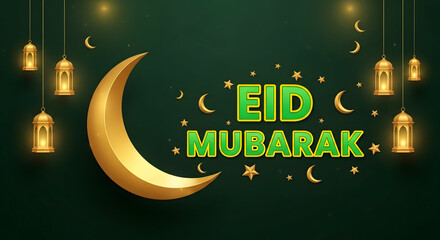 Eid mubarak greeting with crescent moon and lanterns