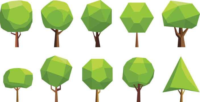 Geometric tree silhouettes, polygonal foliage, low-poly art, abstract forest design, minimalist nature, digital graphics, landscape icon, modern decorative pattern