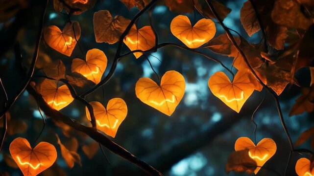 Glowing heart shaped leaves illuminated nature and romantic concept