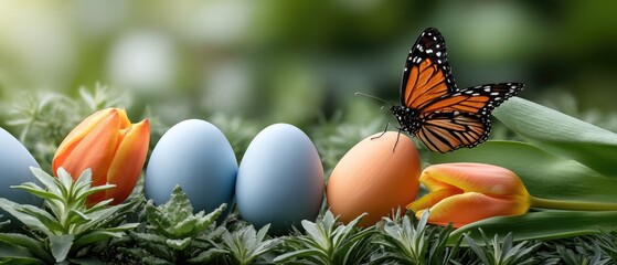 Fototapeta premium Colorful easter eggs and tulip flowers with butterflies in a garden setting during the spring season