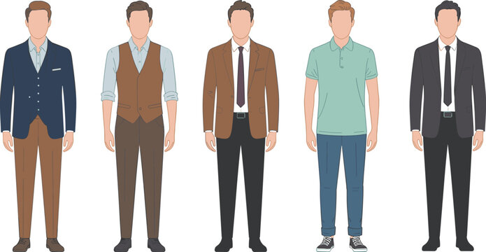 Male fashion illustration, business attire, casual wear, formal clothing, stylish men outfits, office dress code, modern wardrobe, character design