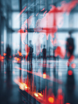 Blurred silhouettes of business professionals walking in a modern office with glowing global map and financial data interface overlay reflecting digital economy tren