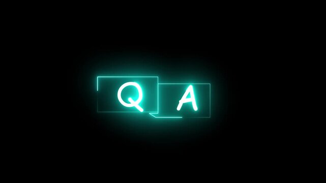 QA Initials in Cyan Neon Light Inside Cyan Rectangular Frames on a animated Black Background