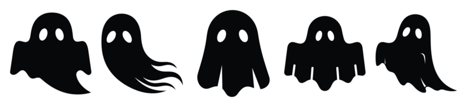 Collection of Happy Halloween ghost floating silhouette icon set. Vector illustration on white background.