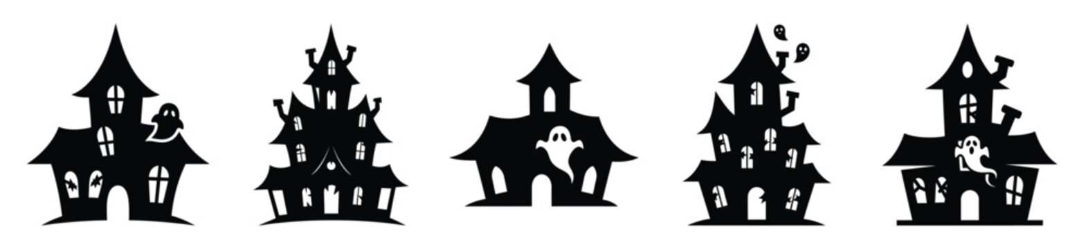 Collection of Happy Halloween ghost house silhouette icon set. Vector illustration on white background.