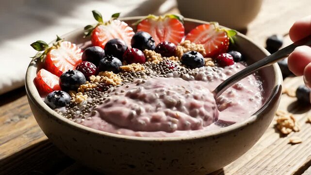 Close up of a smoothie bowl with fresh berries and seeds