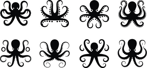 Stylized black octopus illustrations, marine life art, tentacle patterns, sea creature design, underwater theme, aquatic symbol, ocean animal artwork © Creative Art