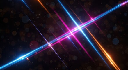 Neon light beams crossing black background with bokeh effects for presentation